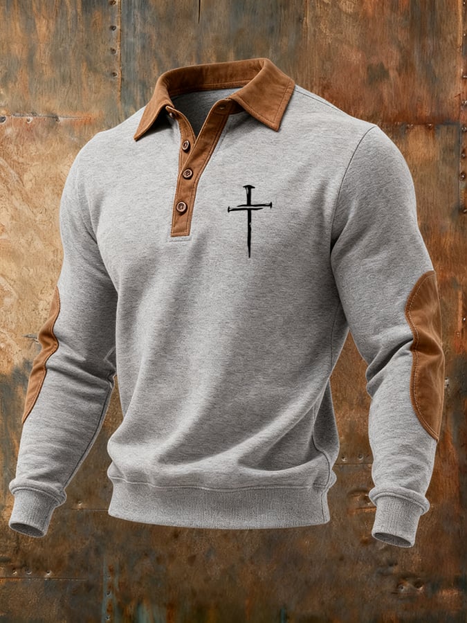 Men's Vintage Faith Cross Print Button Lapel Sweatshirt