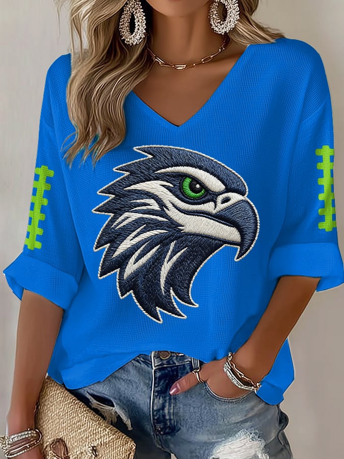 Women's Football Print Waffle Long Sleeve T-Shirt
