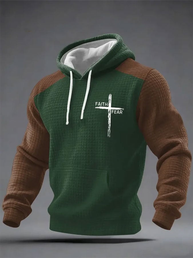 Men's Faith Print Checkered Fabric Hooded Sweatshirt