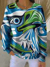 Women's Rugby Print Knit Crew Neck Long-Sleeved Top