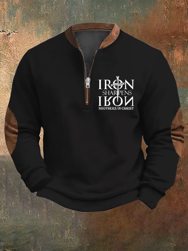 Men's Vintage Faith "Iron Sharpen Iron Brothers In Christ" Printed Zip Collar Sweatshirt