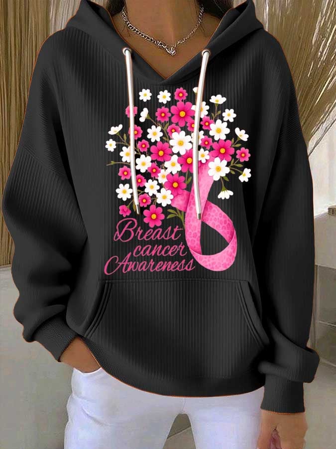 Women's Breast Cancer Floral Print Casual Hoodie