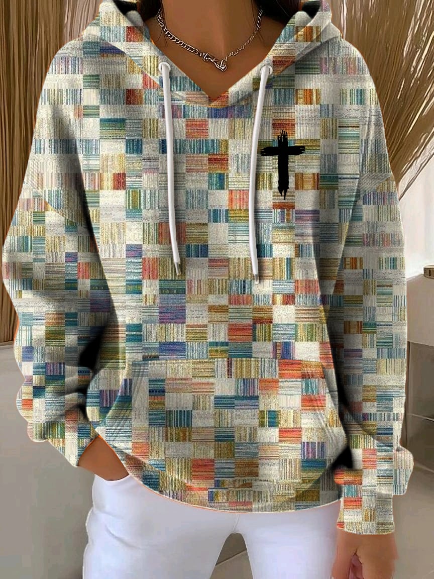 Women's Casual Autumn Faith Contrast Color Square Striped Cardigan Hoodie