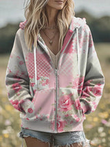 Women'S Casual Pink Floral Patchwork Hoodie