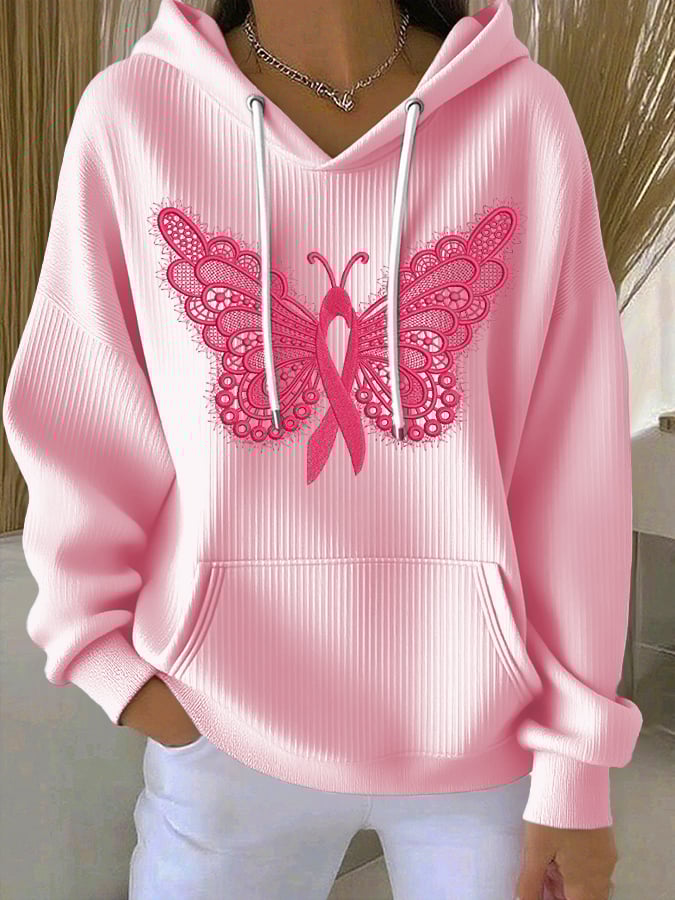 Women's Casual Pink Butterfly Ribbon Textured Hoodie