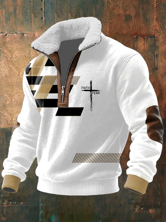 Men's Vintage Faith Design Printed Knit Fabric Zipper Fur Collar Long Sleeve Sweatshirt