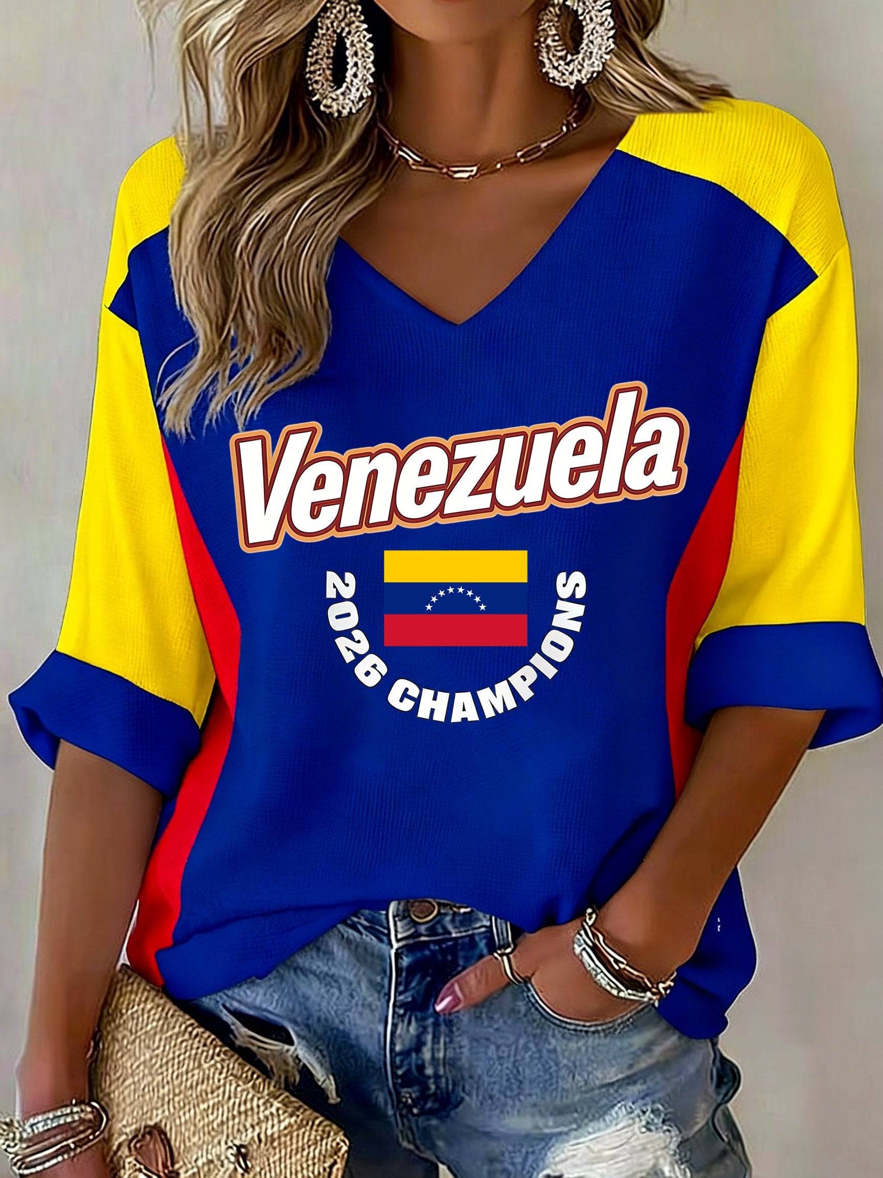 Women's Baseball Print V-Neck Top