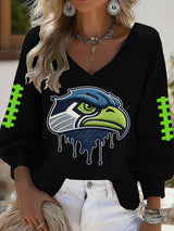 Women's Football Print V-neck Waffle Knit T-shirt
