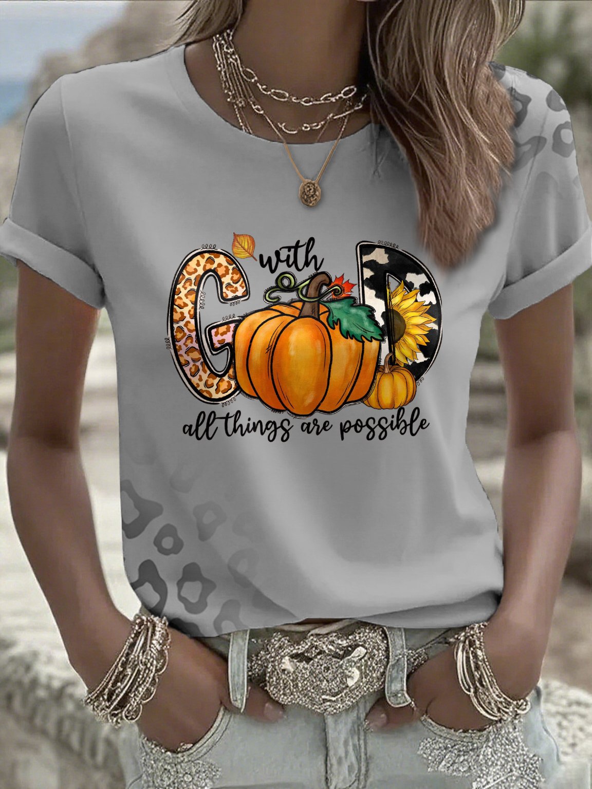 Women's Casual Autumn Faith Contrast Color T-Shirt