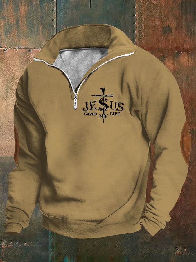 Men's Retro Faith "Jesus Saved My Life" Printed Stand Collar Zipper Sweatshirt