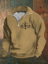 Men's Retro Faith "Jesus Saved My Life" Printed Stand Collar Zipper Sweatshirt