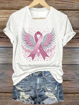 Women's casual pink ribbon wings T-shirt