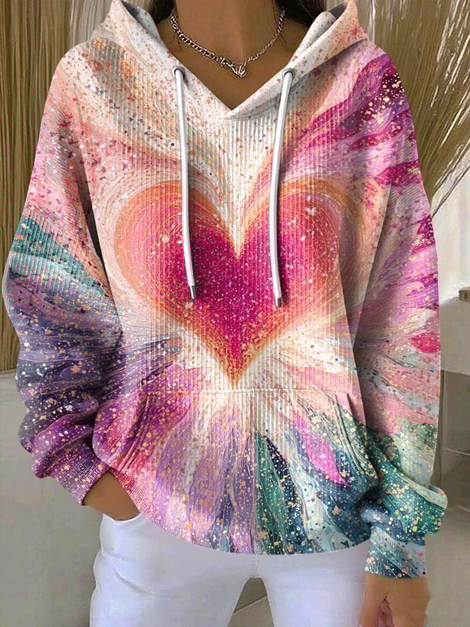 Women's Pink Print Casual Hooded Sweatshirt