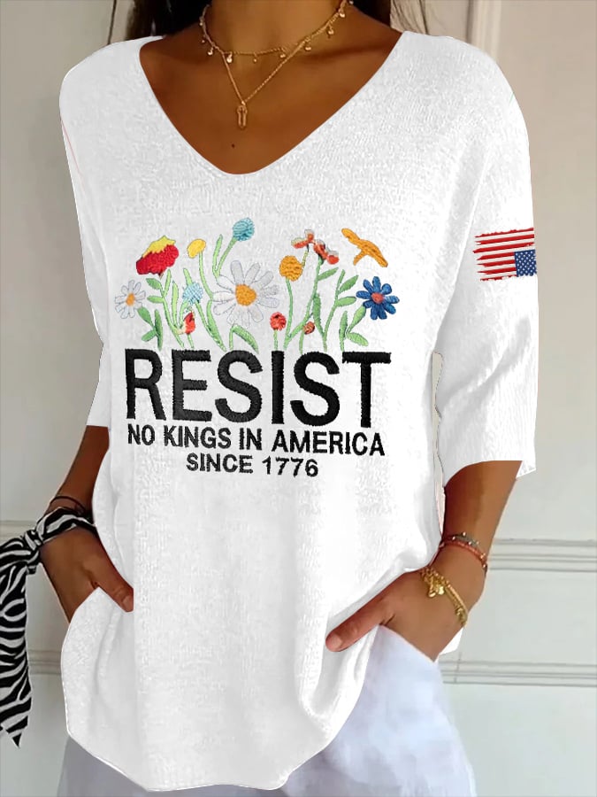 🔥Buy 3 Get 15% Off🔥V- Neck Retro Resist No Kings In America Since 1776 Print Shirt