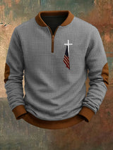 Men's Cross Flag Print Design Jacquard Fabric Zipper Stand Collar Sweatshirt