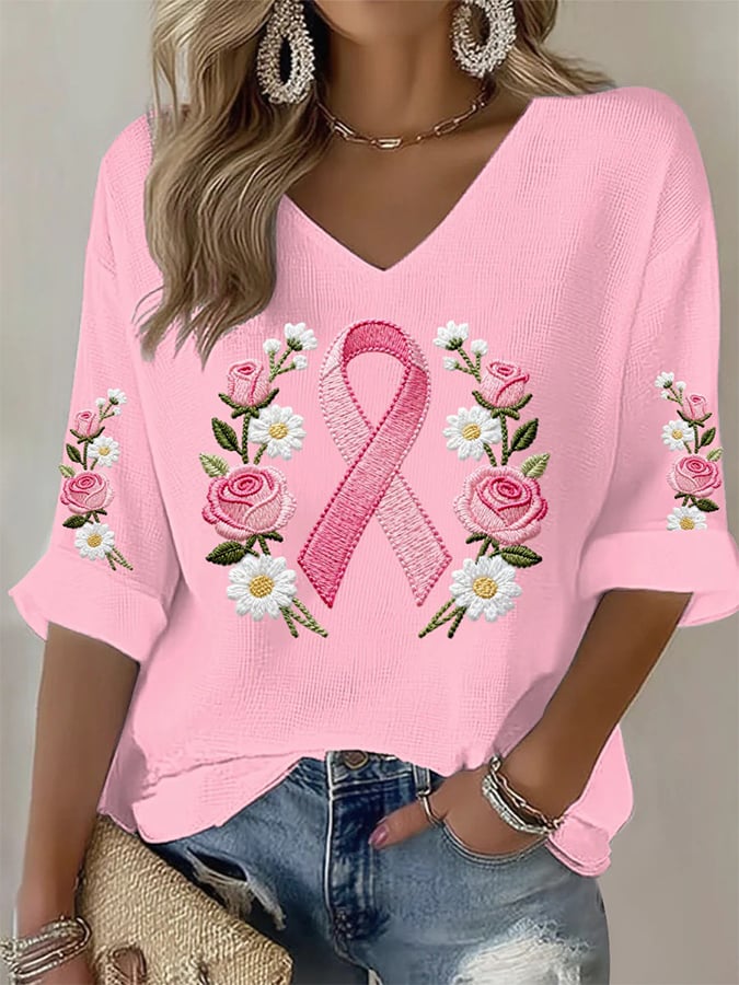 Women's Breast Cancer Awareness Print V Neck T-shirt