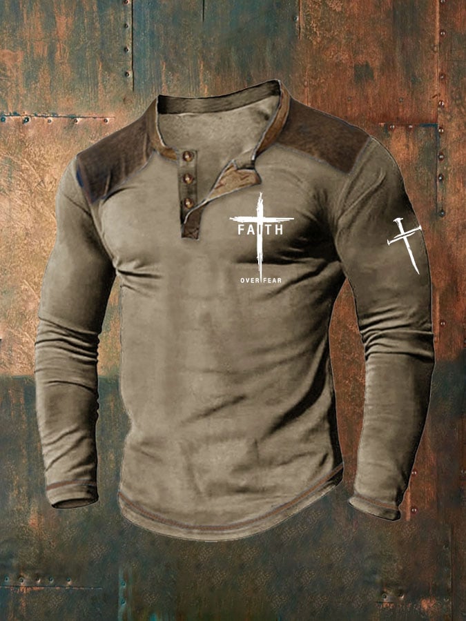 Men's Faith Over Fear Cross Printed Henley Collar Shirt