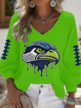 Women's Football Print V-neck Waffle Knit T-shirt