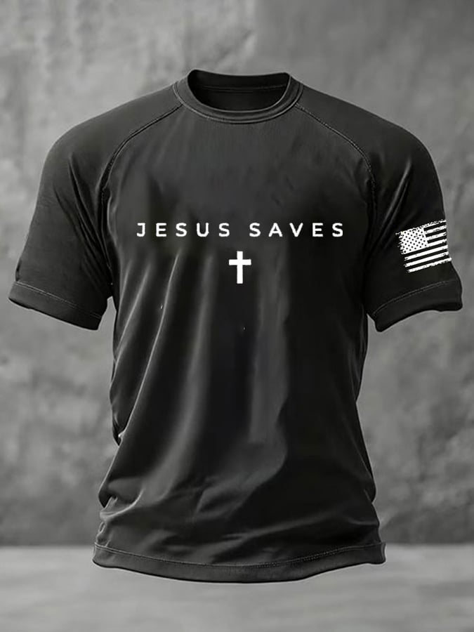Men's Jesus Saves Faith Print Round Neck T-Shirt