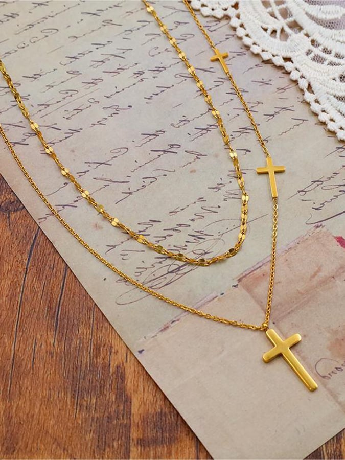 Simple Cross Double Layer Titanium Steel 18k Clavicle Necklace