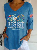 🔥Buy 3 Get 15% Off🔥V- Neck Retro Resist No Kings In America Since 1776 Print Shirt