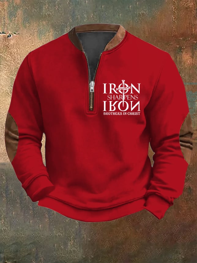 Men's Vintage Faith "Iron Sharpen Iron Brothers In Christ" Printed Zip Collar Sweatshirt
