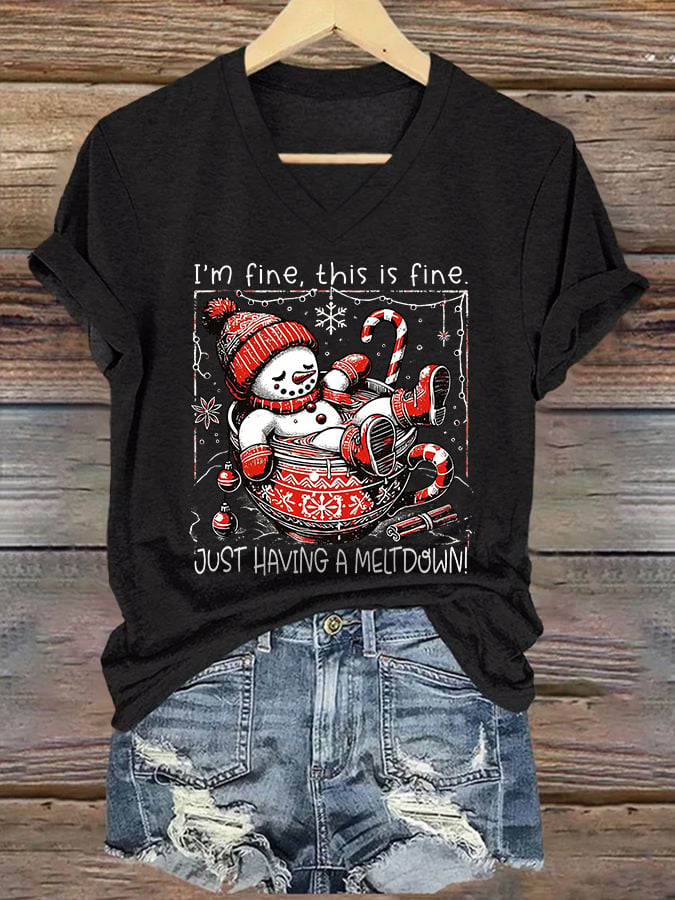 V-Neck Retro Christmas Funny Snowman Hot Cocoa I'm Fine, This Is Fine Just Having A Meltdown Print T-Shirt