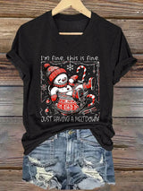 V-Neck Retro Christmas Funny Snowman Hot Cocoa I'm Fine, This Is Fine Just Having A Meltdown Print T-Shirt