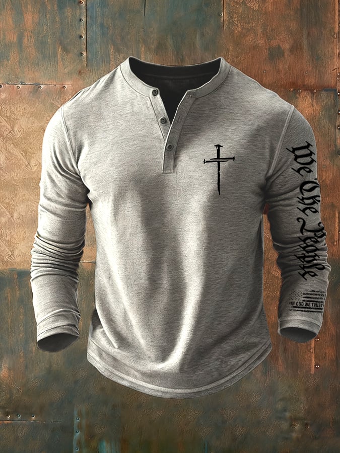 Men's Flag Cross Print Henley Collar Shirt