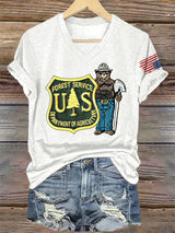 V-Neck Retro Save The Forest Service Print T-Shirt