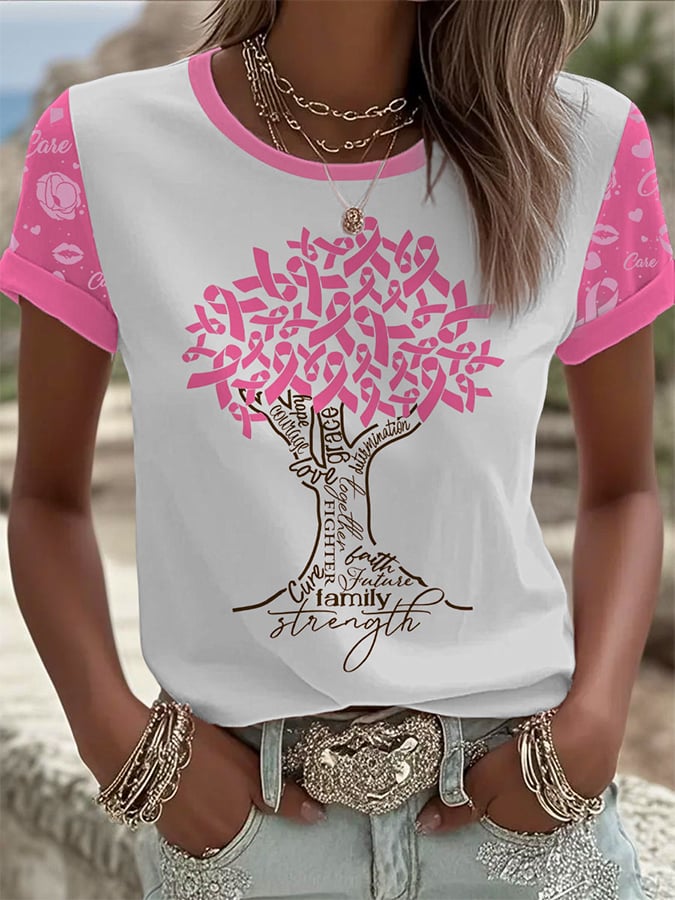 Women's Breast Cancer Awareness Print Round Neck T-Shirt