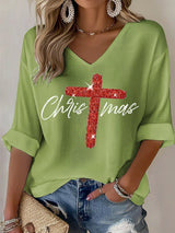 V-Neck Retro Christmas Faith Cross Print T-Shirt