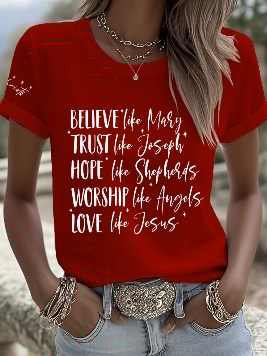 Women's Nativity Believe Trust Life Hope Worship Love Faith Print T-shirt