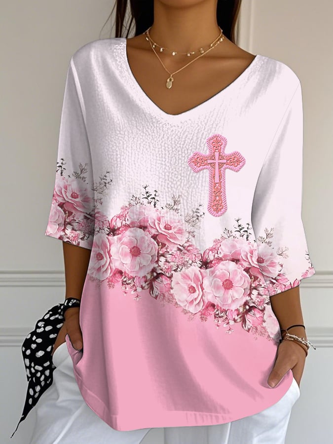 Women's Casual Breast Cancer V-Neck T-Shirt