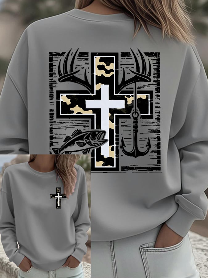 Women's Retro Faith Fishing Hunting Print Sweatshirt