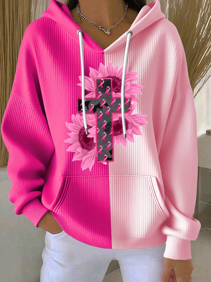 Women's Casual Pink Floral Ribbon Textured Contrast Hoodie