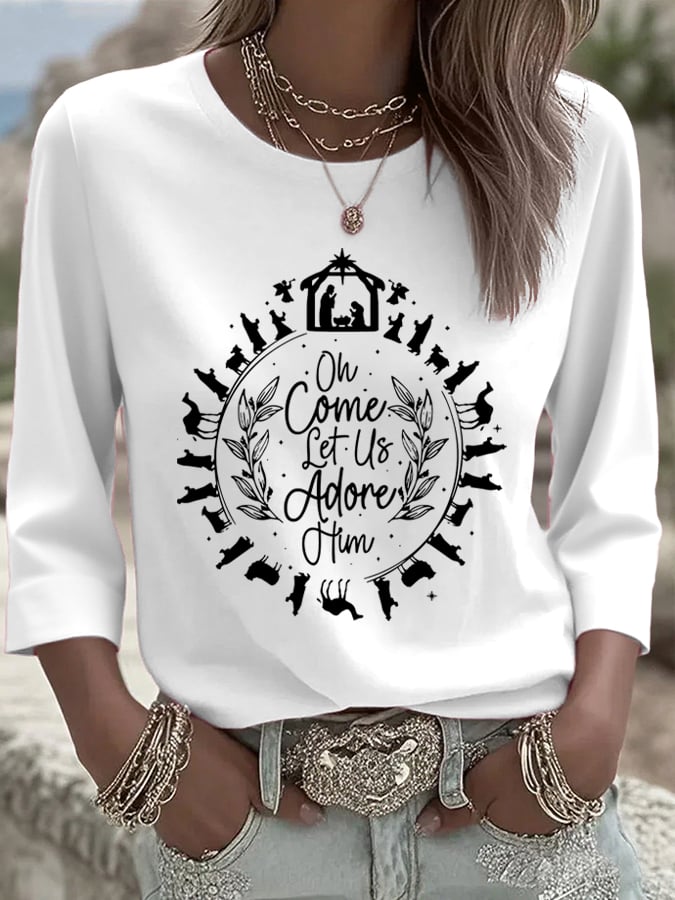Women's Come Let Us Worship Him Together Faith Printed T-shirt
