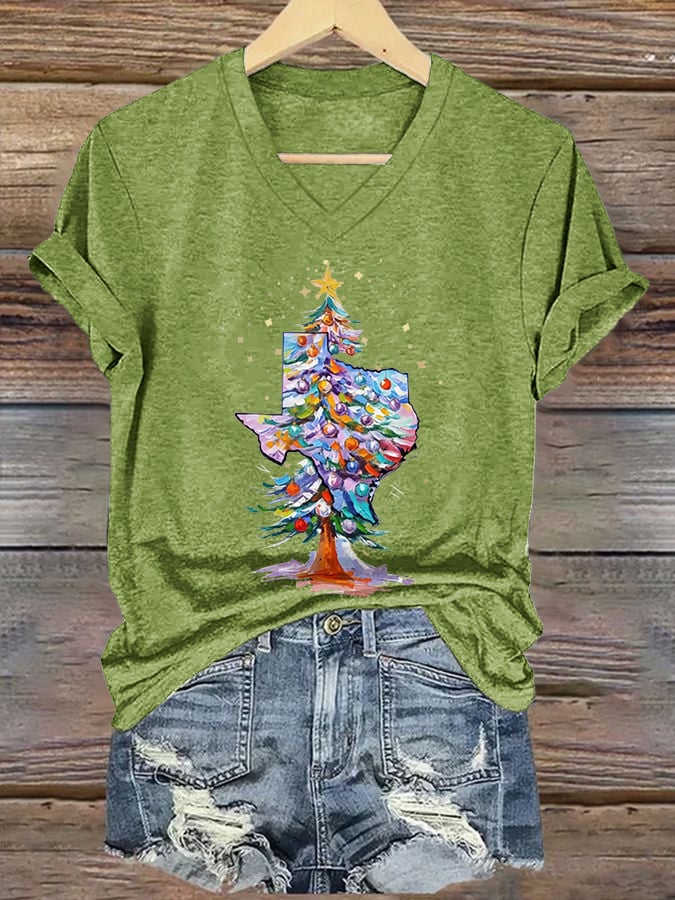 V-Neck Retro Texas Christmas Tree Watercolor Painting Print T-Shirt