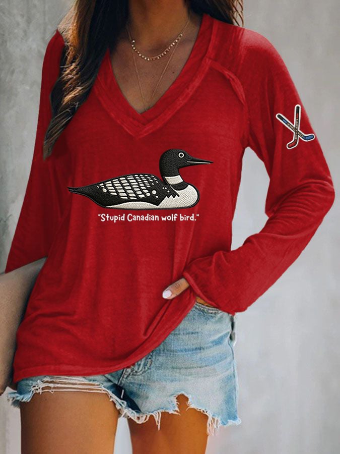 Women's Stupid Canadian wolf bird Print Casual T-Shirt