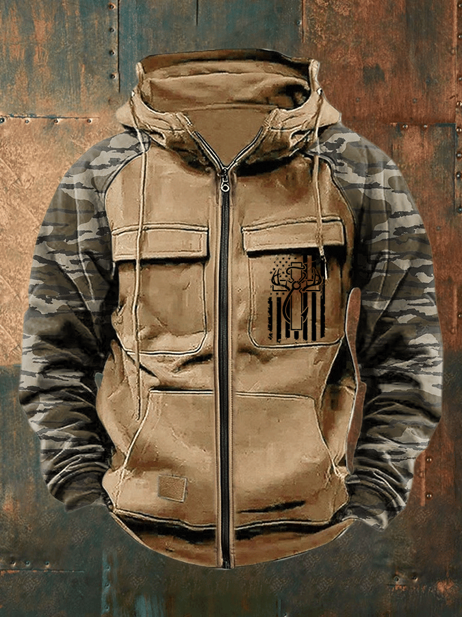 Men's Retro Faith Fishing Hunting  Print Multi-Pocket Jacket