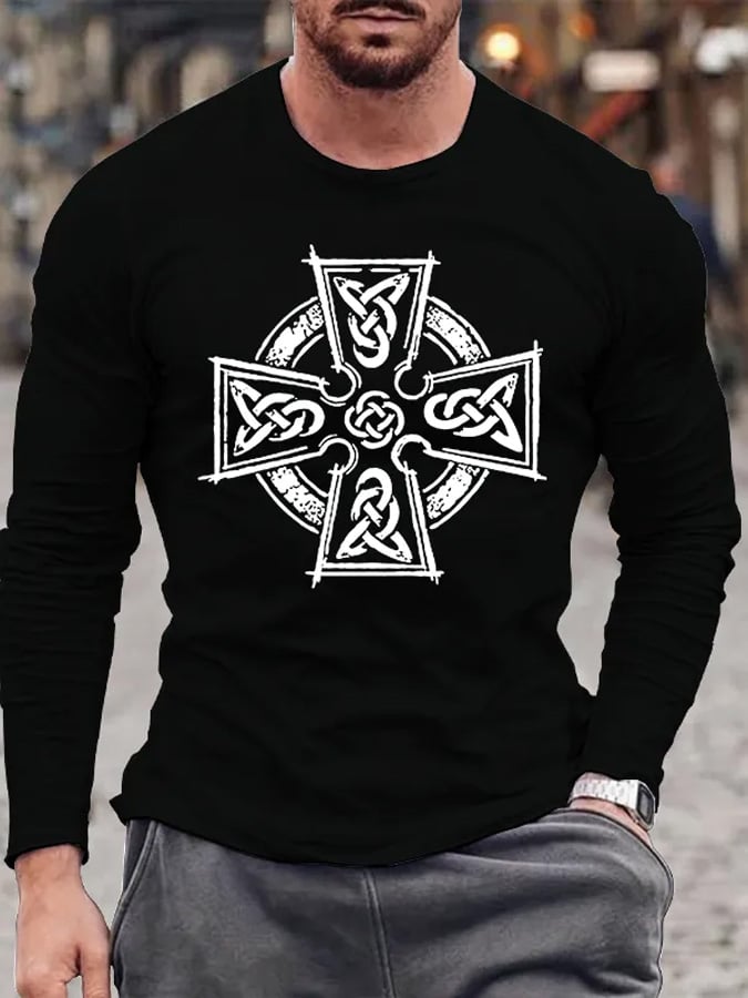Men's Casual Celtic Cross Print Long Sleeve T-Shirt