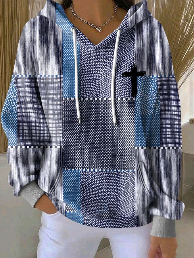 Women's Faith Cross Contrast Patchwork Print Casual Hooded Sweatshirt