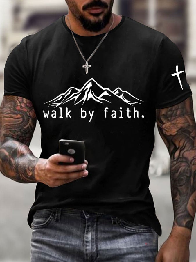 🔥Buy 3 Get 15% Off🔥Men's Walk By Faith Cross Printed Casual T-shirt