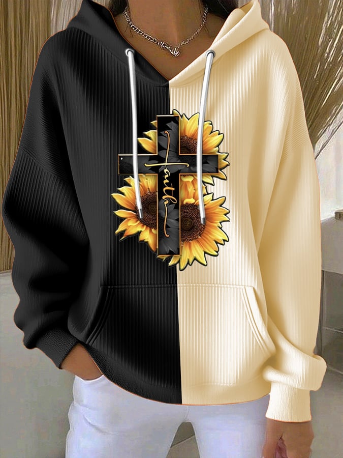 Women's Casual Retro Faith Contrast Color Textured Hoodie