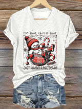 V-Neck Retro Christmas Funny Snowman Hot Cocoa I'm Fine, This Is Fine Just Having A Meltdown Print T-Shirt
