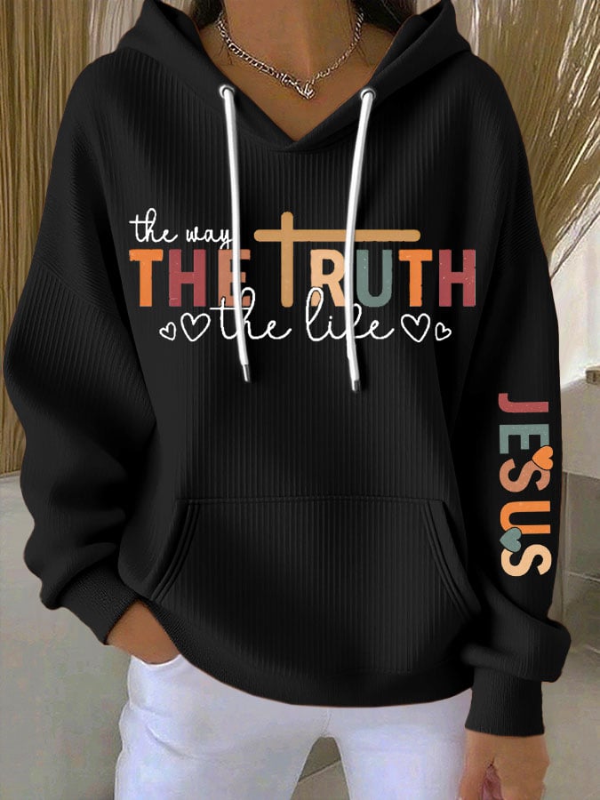 Women's Faith Cross Contrast The Way The Truth The Life Print Casual Hooded Sweatshirt