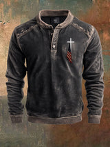 Men's Cross Flag Print Henley Collar Shirt