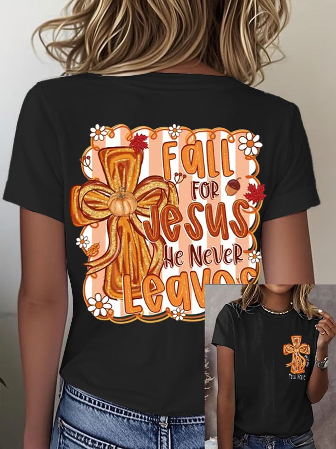 Women's Retro Fall For Jesus He Never Leaves Print T-Shirt