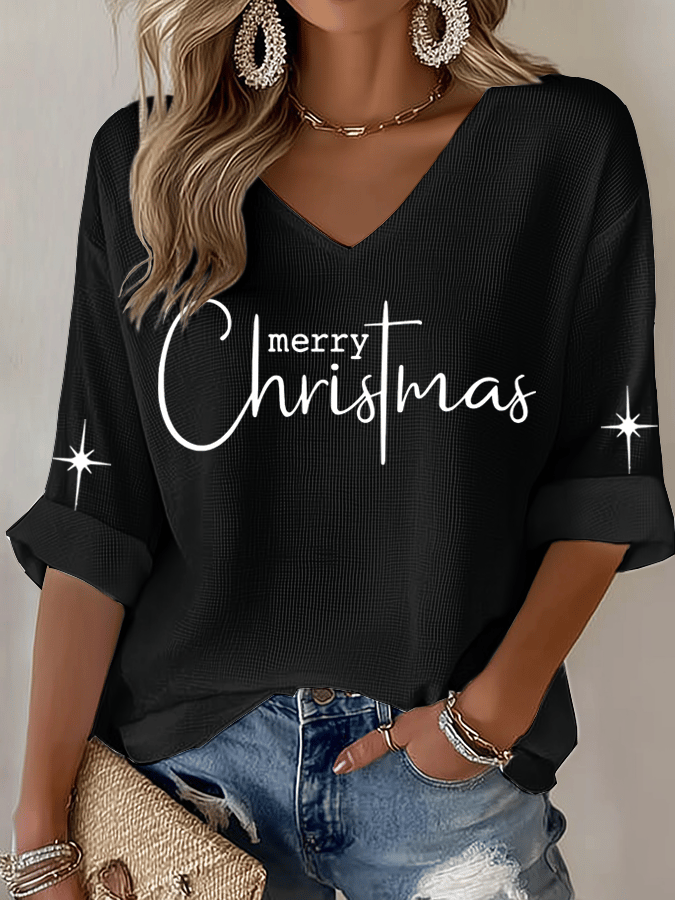 Women's Christmas Faith Print Waffle Long Sleeve T-Shirt