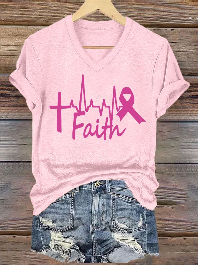 V-Neck Retro Breast Cancer Awareness Heartbeat Faith Print T-Shirt